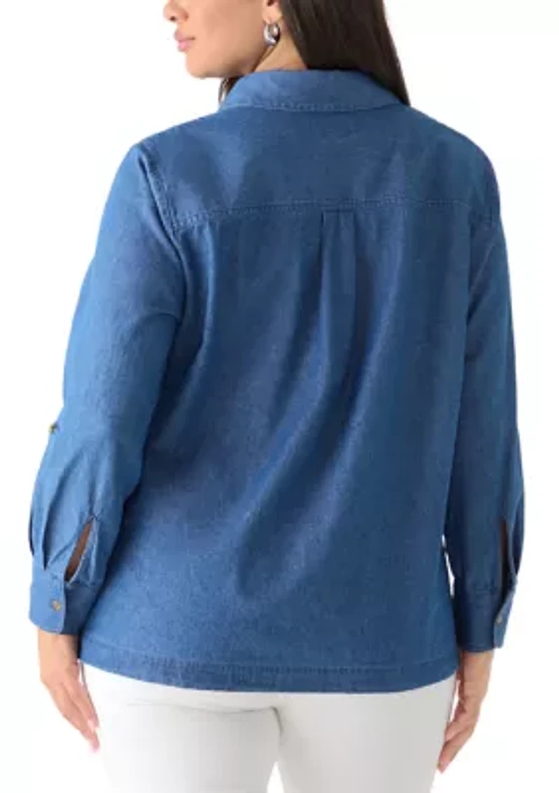 Plus Long Sleeve Chambray Button Down Top