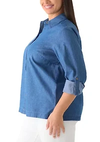 Plus Long Sleeve Chambray Button Down Top