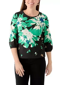 Petite Three-Quarter Puff Sleeve Floral Top
