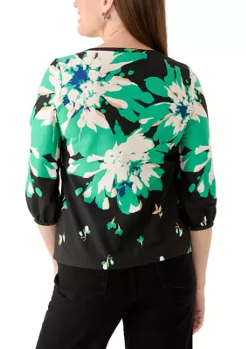 Petite Three-Quarter Puff Sleeve Floral Top