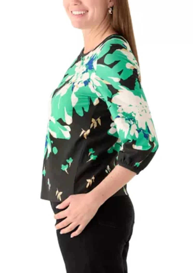 Petite Three-Quarter Puff Sleeve Floral Top