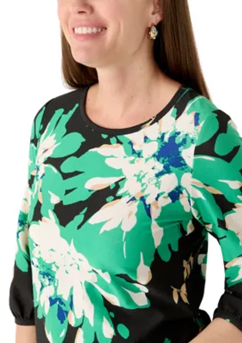 Petite Three-Quarter Puff Sleeve Floral Top