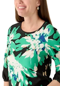 Petite Three-Quarter Puff Sleeve Floral Top