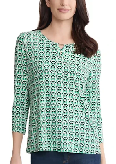 Petite 3/4 Sleeves Bar Keyhole Print Shirt