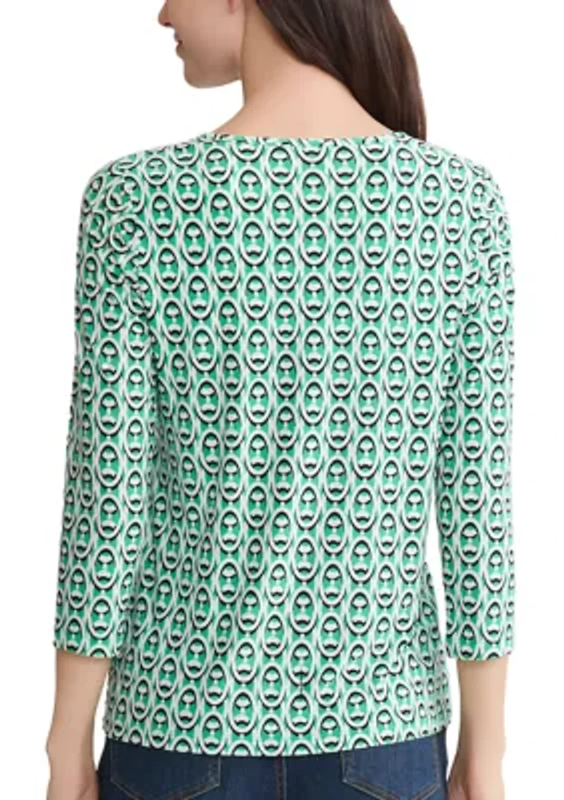 Petite 3/4 Sleeves Bar Keyhole Print Shirt