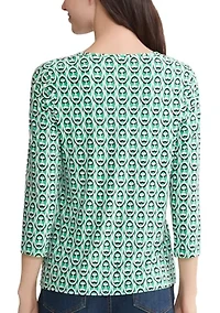 Petite 3/4 Sleeves Bar Keyhole Print Shirt