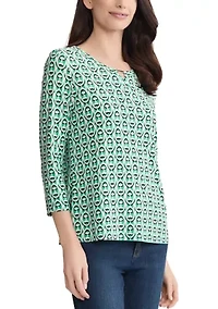 Petite 3/4 Sleeves Bar Keyhole Print Shirt