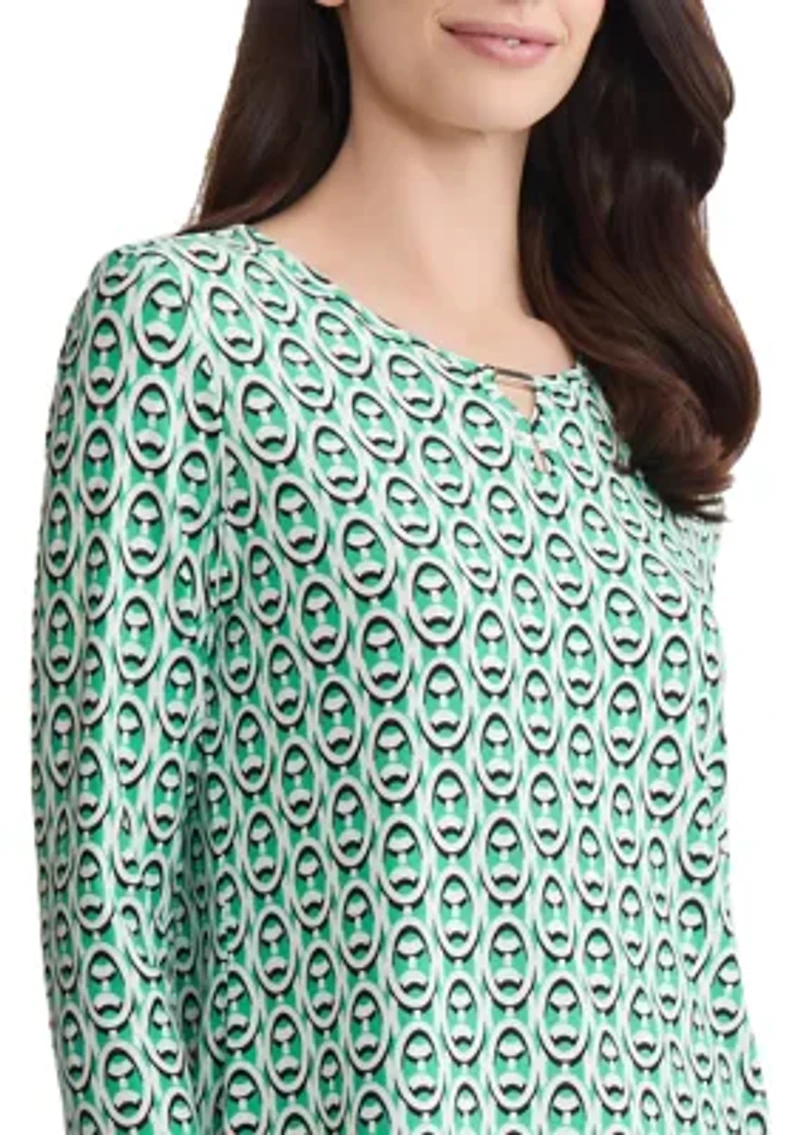 Petite 3/4 Sleeves Bar Keyhole Print Shirt