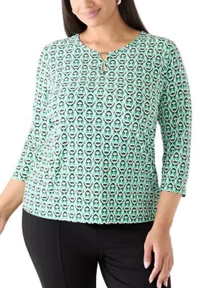 Plus Three-Quarter Sleeve Bar Keyhole Knit Top