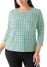 Plus Three-Quarter Sleeve Bar Keyhole Knit Top