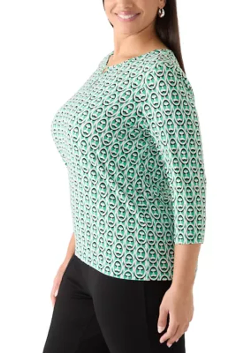Plus Three-Quarter Sleeve Bar Keyhole Knit Top
