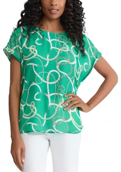 Petite Short Sleeve Button Detail Print Blouse