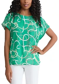 Petite Short Sleeve Button Detail Print Blouse