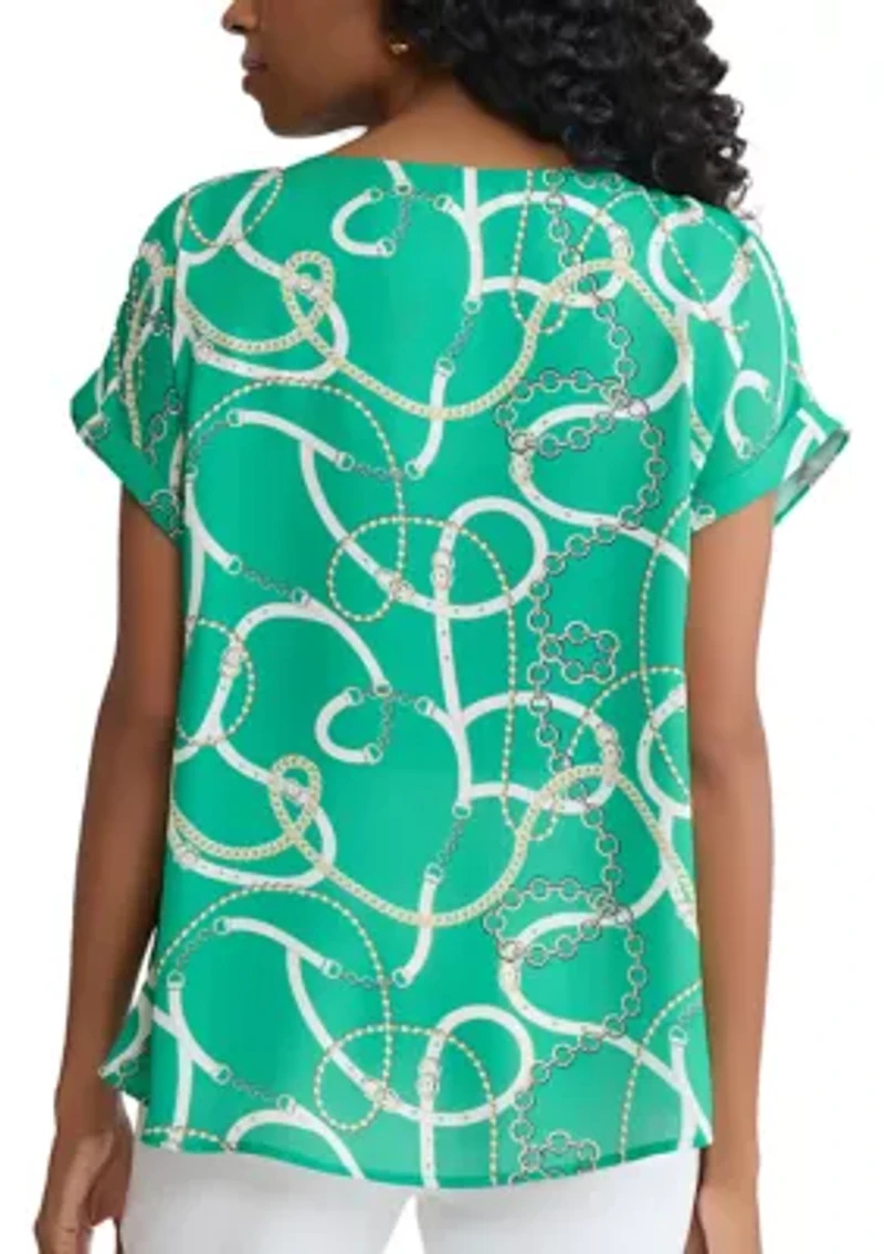 Petite Short Sleeve Button Detail Print Blouse