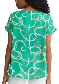 Petite Short Sleeve Button Detail Print Blouse