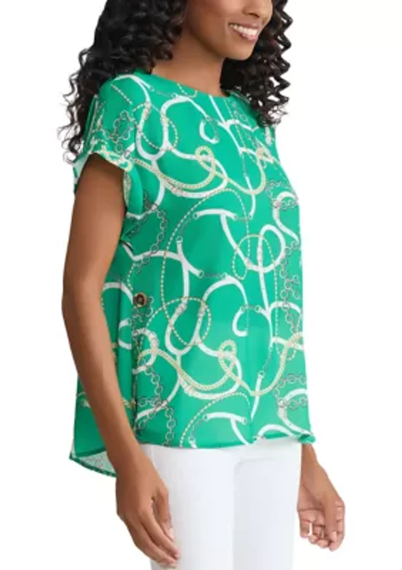 Petite Short Sleeve Button Detail Print Blouse