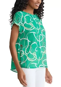 Petite Short Sleeve Button Detail Print Blouse