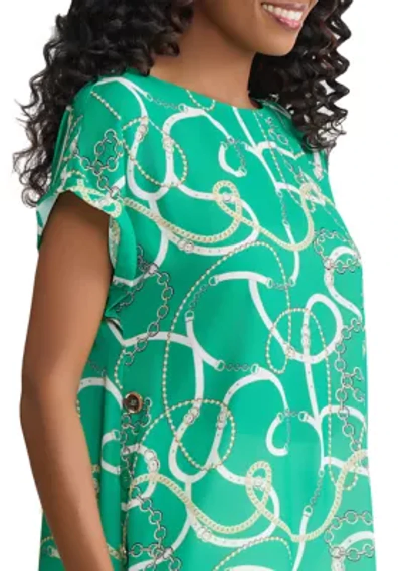 Petite Short Sleeve Button Detail Print Blouse