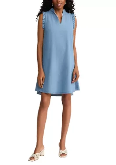 Women's Trapeze Chambray Dress with Ruffles