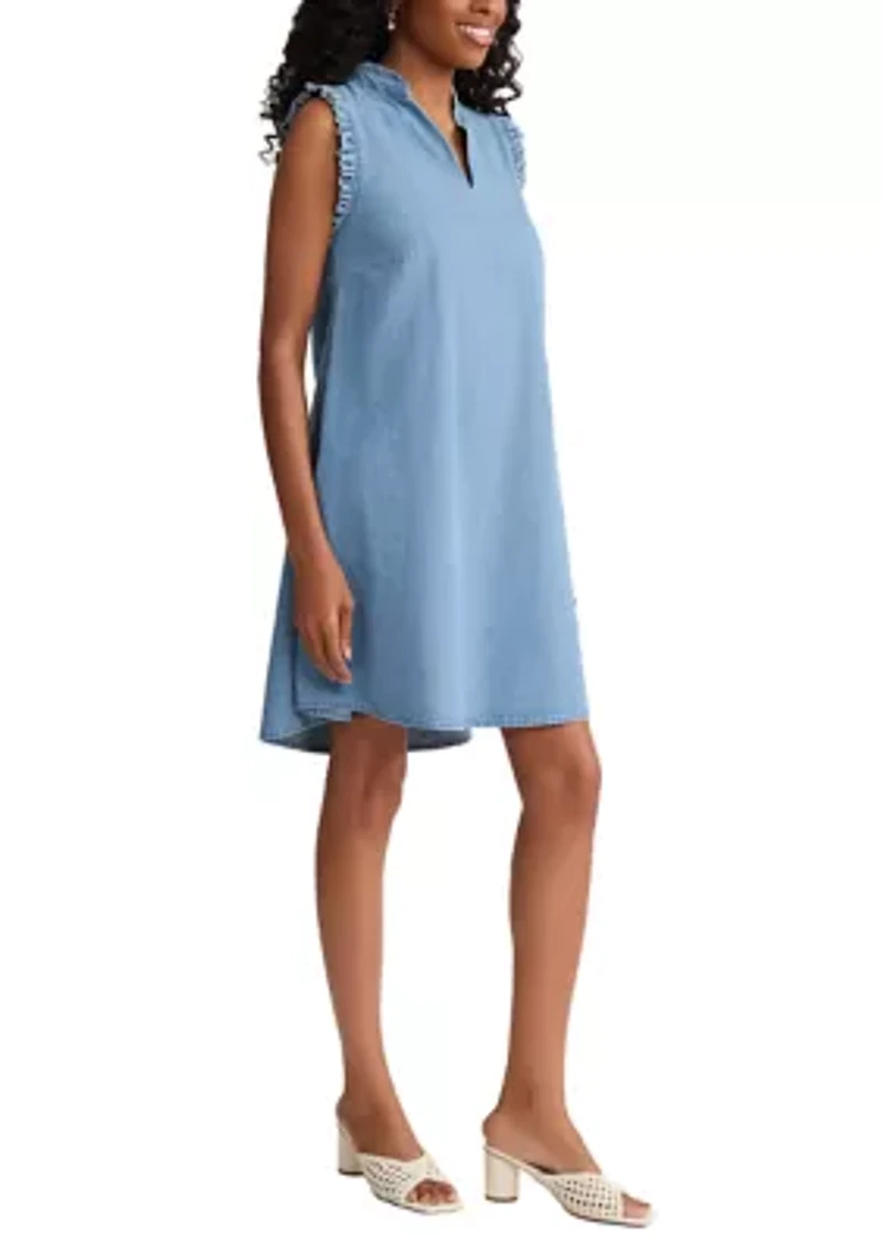 Women's Trapeze Chambray Dress with Ruffles