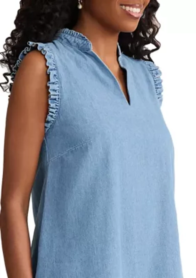Women's Trapeze Chambray Dress with Ruffles