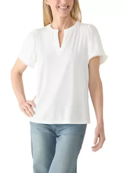 Women's Split Neck Drapey Slub Knit Top