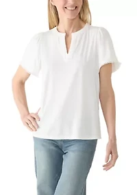Women's Split Neck Drapey Slub Knit Top