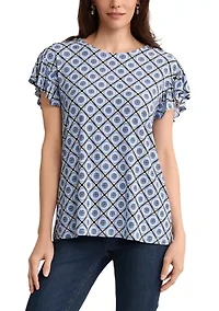 Women's Short Flutter Sleeve Geo Print Top