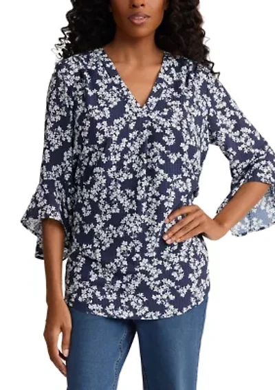 Women's Long Sleeve Y-Neck Printed Gingham Blouse