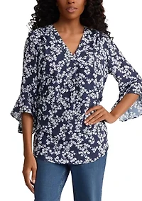 Women's Long Sleeve Y-Neck Printed Gingham Blouse