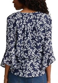 Women's Long Sleeve Y-Neck Printed Gingham Blouse