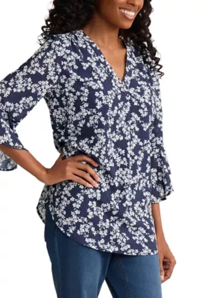 Women's Long Sleeve Y-Neck Printed Gingham Blouse