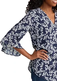 Women's Long Sleeve Y-Neck Printed Gingham Blouse