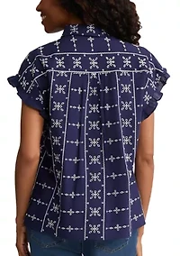 Women's Y-Neck Embroidered Ruffle Sleeve Top