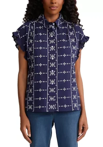 Petite Y-Neck Button Front Ruffle Sleeve Top
