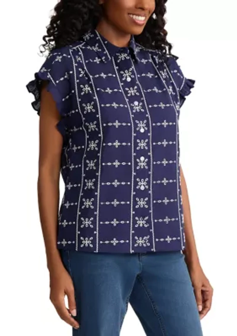 Petite Y-Neck Button Front Ruffle Sleeve Top