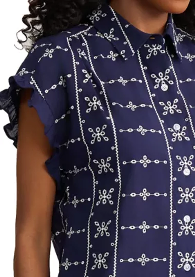 Petite Y-Neck Button Front Ruffle Sleeve Top