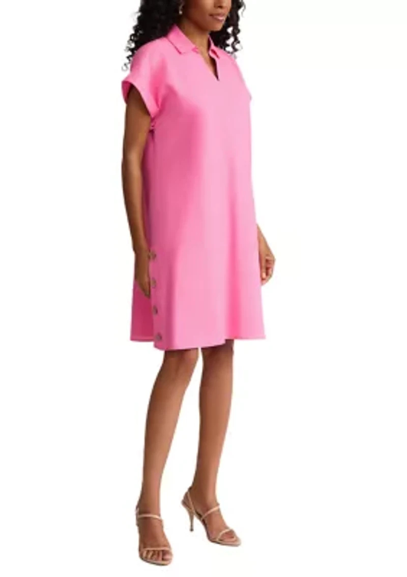 Petite Short Sleeve Collared V-Neck Dress