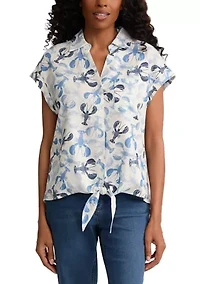 Women's Cap Sleeve Tie Front Lobster Print Button Down Shirt