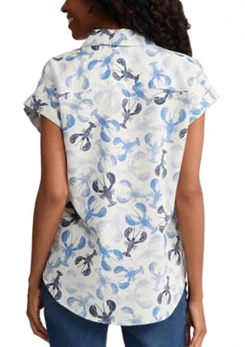 Women's Cap Sleeve Tie Front Lobster Print Button Down Shirt