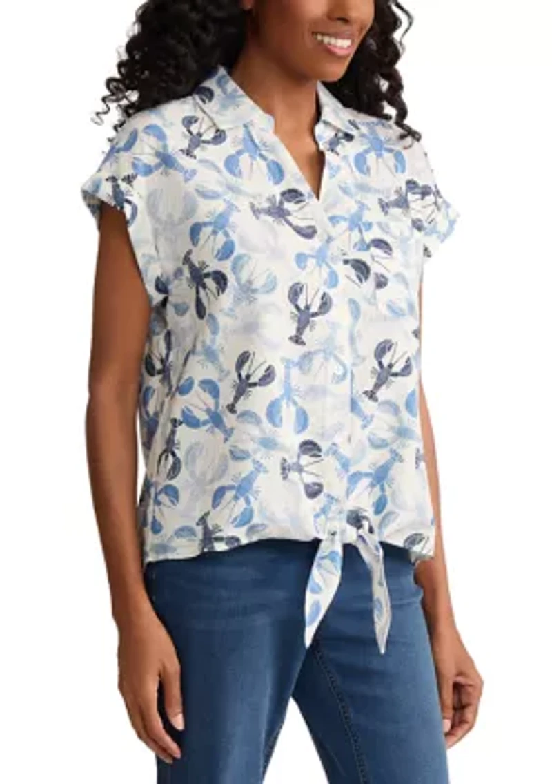 Women's Cap Sleeve Tie Front Lobster Print Button Down Shirt