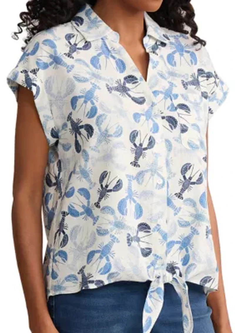 Women's Cap Sleeve Tie Front Lobster Print Button Down Shirt