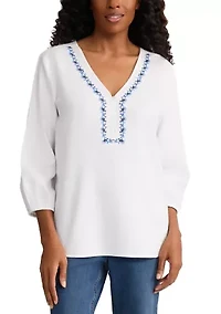 Women's Long Sleeve Embroidered Popover Blouse