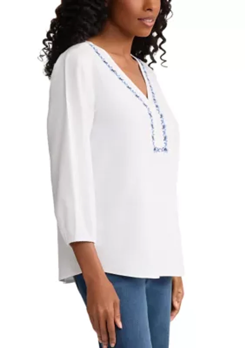 Women's Long Sleeve Embroidered Popover Blouse