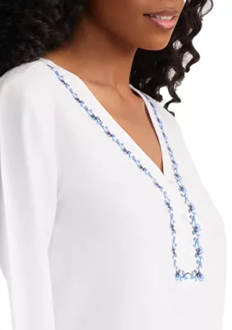Women's Long Sleeve Embroidered Popover Blouse