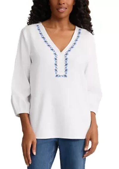 Petite 3/4 Embroidered Popover Top