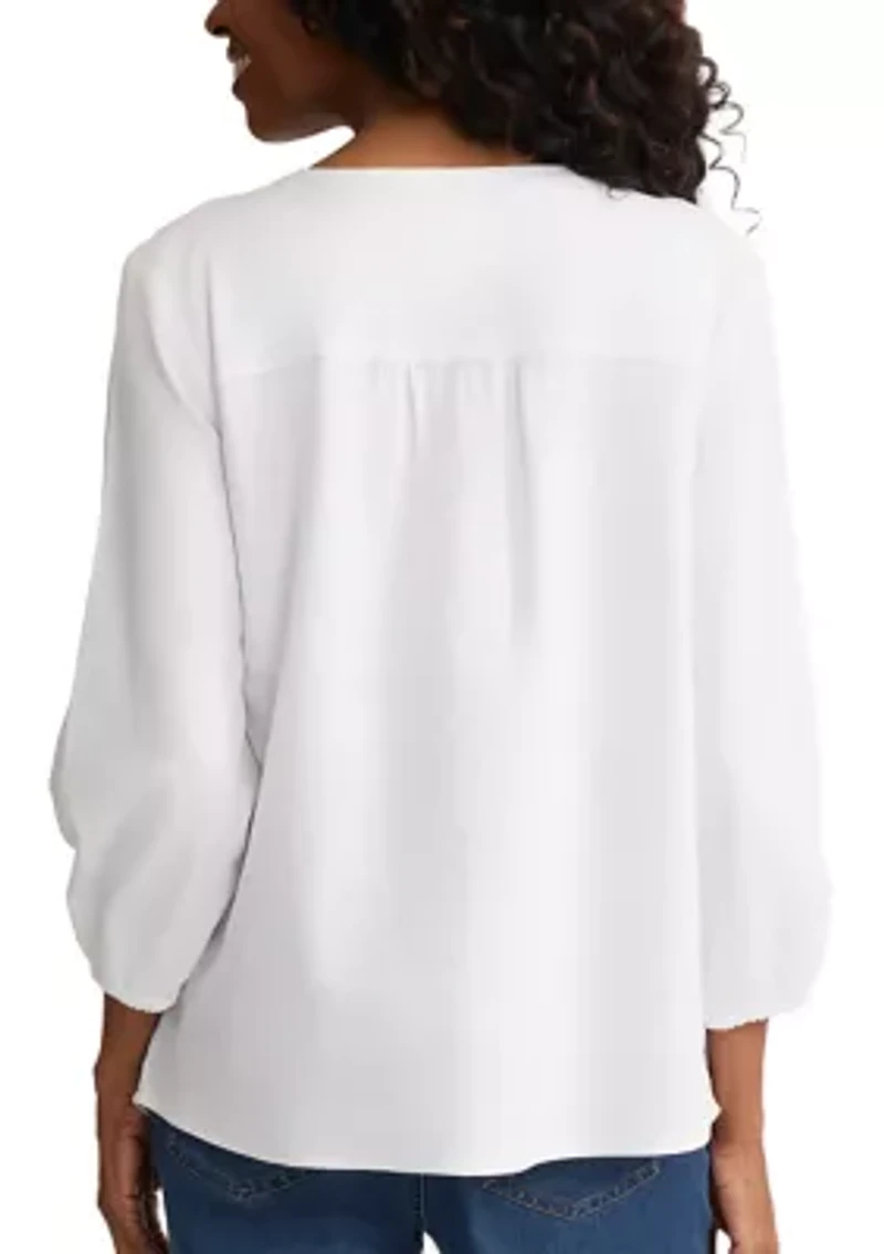 Petite 3/4 Embroidered Popover Top