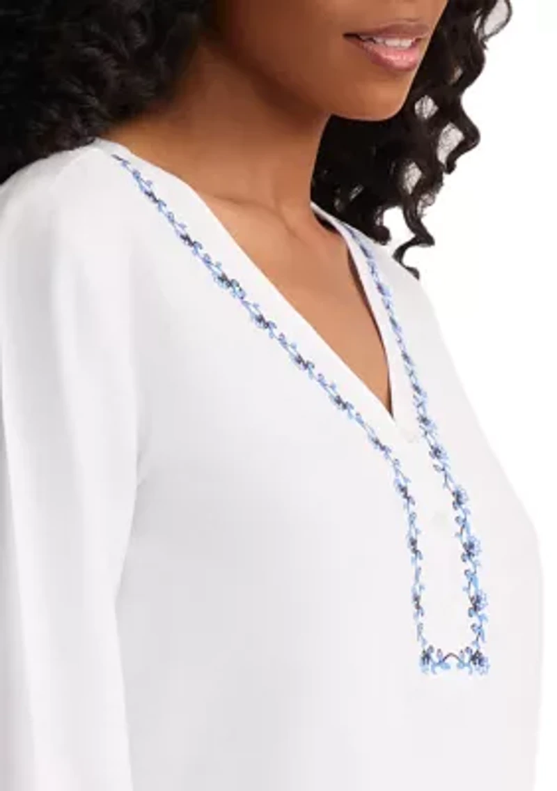 Petite 3/4 Embroidered Popover Top