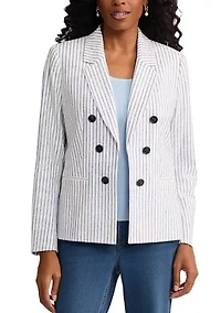 Women's Faux Double Breasted Linen Blend Striped Jacket