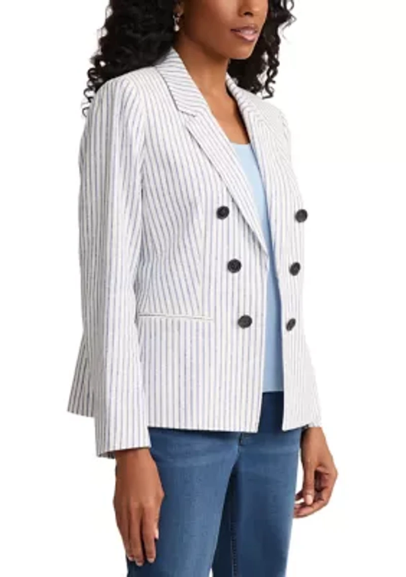 Women's Faux Double Breasted Linen Blend Striped Jacket